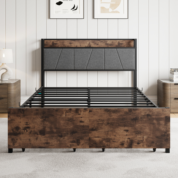 Full Size Bed Frame, Storage Headboard with Charging Station and 2 Storage Drawers,Vintage Brown and Gray