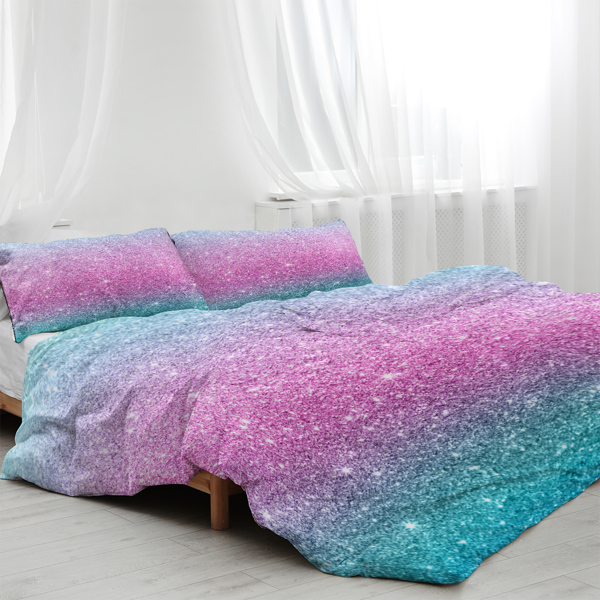 Colorful Glitter Bedding Girly Turquoise Blue Pink and Purple Pastel Colors Duvet Cover 3 Piece Trendy Bed Spreads King Size Comforter Cover Sets for Girls