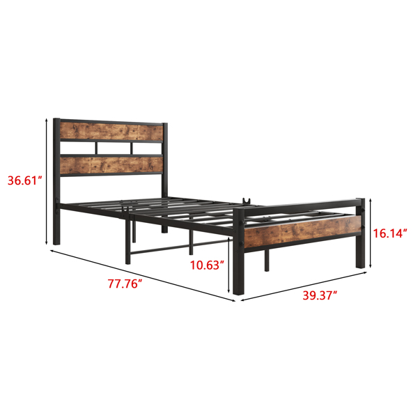 Twin Size Platform Bed Frame with Rustic Vintage Wood Headboard, Strong Metal Slats Support, No Box Spring Needed