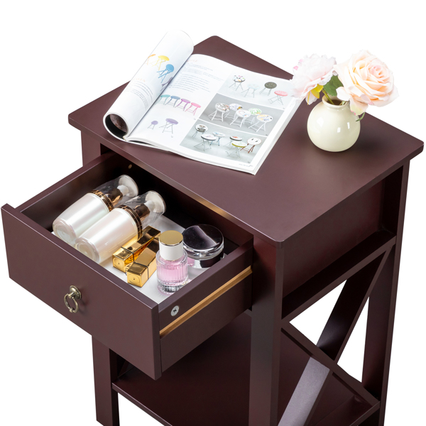 Side Intersection Style Bedside Table Coffee Table with Two-layer Drawer Brown