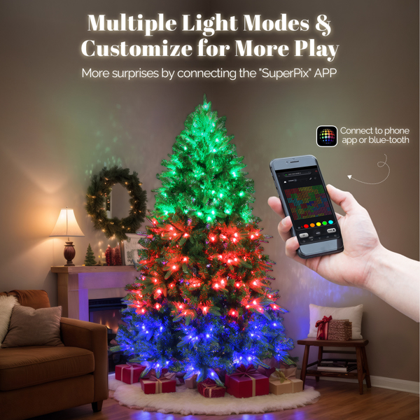 7.5 FT Pre-lit Artificial Christmas Tree, APP Controlled Xmas Tree Hinged Branches with 400 RGB Lights and 2436 Branch Tips, for Holiday Party Store Office Home, Green