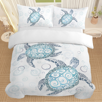 Sea Turtle Bedding Aqua Teal Blue Duvet Cover Sets Beach Turtle Bed Sets Ocean 3 Piece Turtle Themed Comforter Cover with 2 Pillowcases Full Size