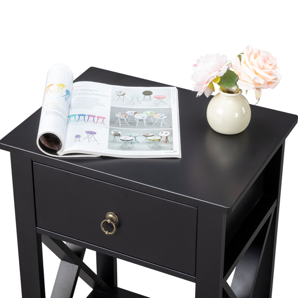 2PCS Side Intersection Style Bedside Table Coffee Table with Two-layer Drawer Black