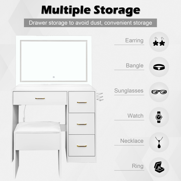 White hemp surface particle board with triamine 4 drawers 2 side push-pull storage rack 1 LED touch mirror dressing table set with power strip and hair dryer holder