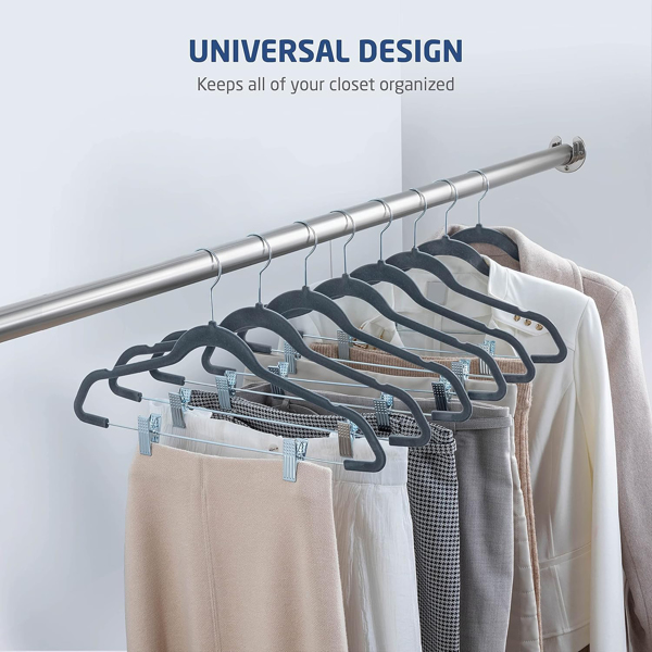 Velvet Skirt Hangers 30-Pack, Grey Velvet Hangers with Adjustable Clips, Space Saving Slim Velvet Pant Hangers, Heavy Duty Shorts Hangers, Non Slip Clip Hangers for Pants, Skirts, Shorts