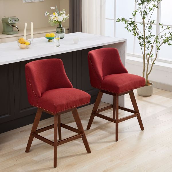 Counter Height Swivel Barstools, 26'' H Seat Height Upholstered Bar Stools Set of 2, Fabric in Wine Red