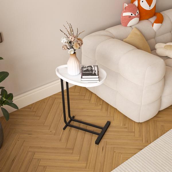 C-Shaped Side Table, C Table End Table for Sofa and Bedside, Couch Side Tables, Wood C-Shaped End Table with Metal Frame Slide for Bedroom Living Room (White)