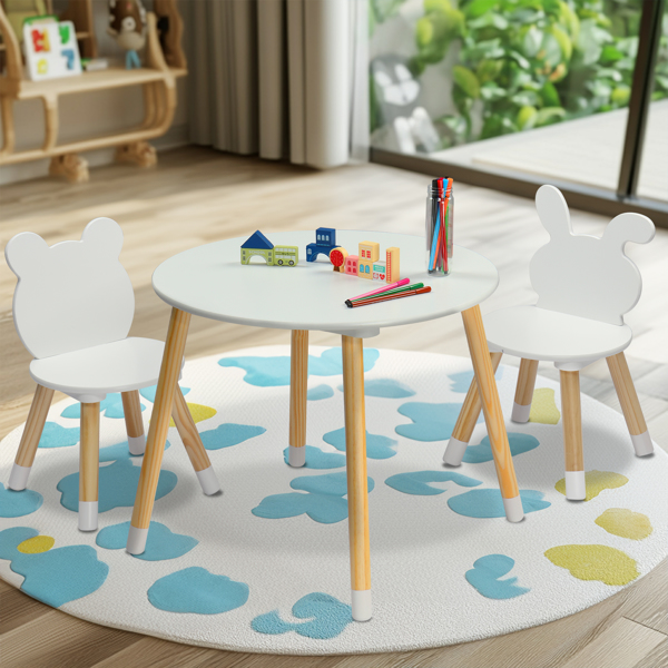 Kids Wood Table and Chairs Set, Toddler Play Table with 2 Chairs, 3 Pieces Children Multi-Activity Round Table for Play Art Craft Reading Learing Eating, White