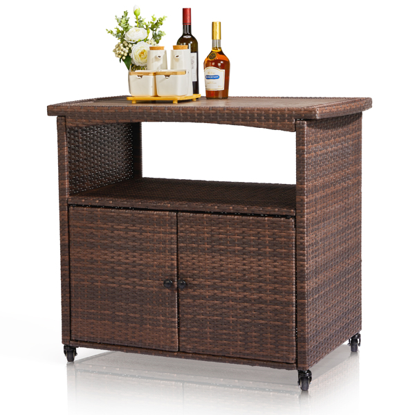 Outdoor Bar Cart with Storage Cabinet, Patio Wicker Sideboard Buffet Cabinet Prep Table, Outside Kitchen Serving Cart with Rolling Wheels & Handles, Brown