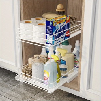 Two-tier sink organizer, pull out cabinet organizer two layers slide out of the sink cabinet organizer, kitchen and bathroom cabinet sink organizer below