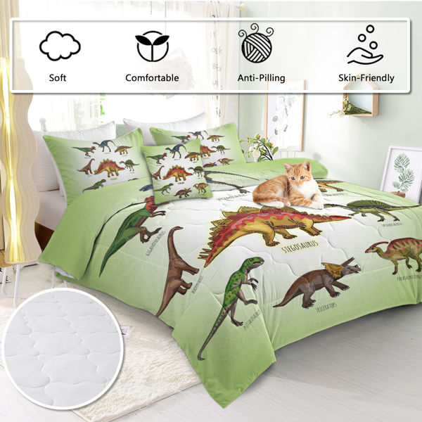 Super Soft Fade Resistant Microfiber Dinosaur Bedding Set for Girls Boys, All Season Green Dinosaur Family Print Pattern Comforter Set with 2 Pillow Cases King Size