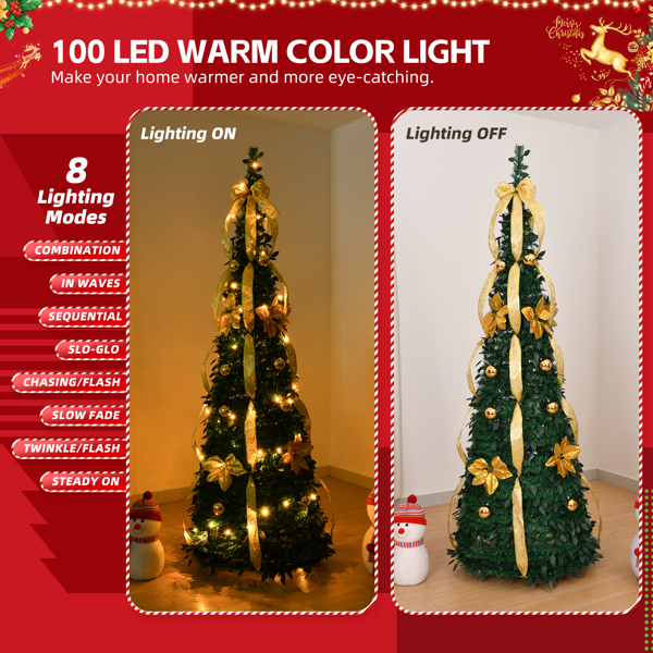 7 FT Fully Decorated Pre-lit Christmas Tree, Pop Up Artificial Xmas Tree with 100 Warm Lights Battery Operated and Golden & Silver Ornaments for Home Office Store Holiday Deco