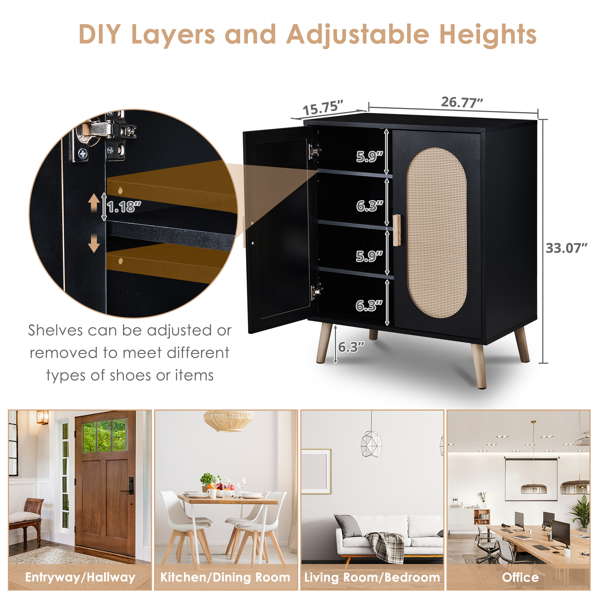 FCH 2-door vertical shoe cabinet particle board + plastic rattan black frame + original wood rattan surface + gold high feet