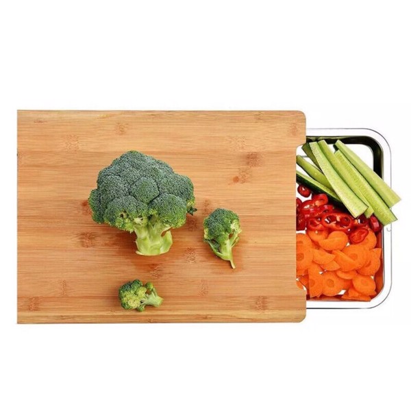 Bamboo Wooden Chopping Board Cutting Slicing + Sliding Stainless Steel Tray