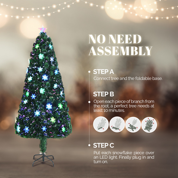 6ft Top With Star PVC Material Fiber Optic 36 Lights With Snow Flakes Colorful Discoloration 230 Branches Christmas Tree Green