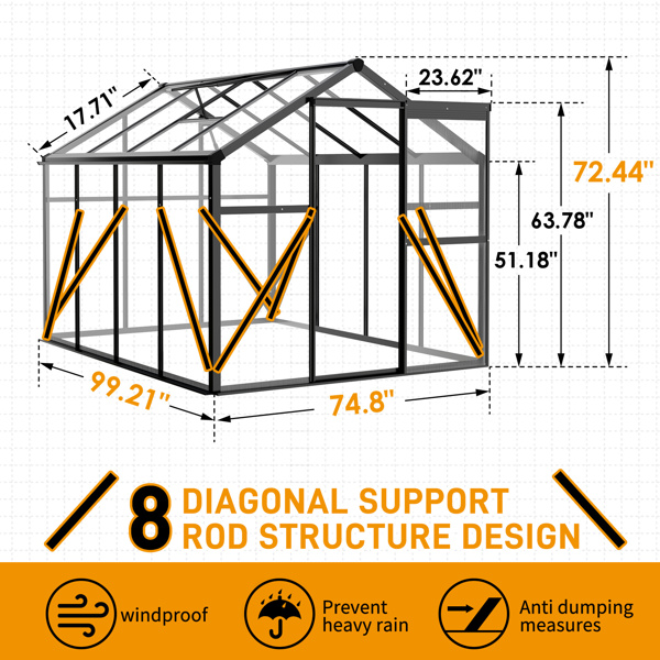 6x8ft Hybrid Polycarbonate Greenhouse Black