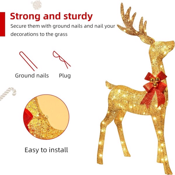 5ft 3D Pre-Lit Christmas Reindeer & Sleigh Set, Gold Glitter Holiday Yard Decoration with 150 LED Lights, 2PCS