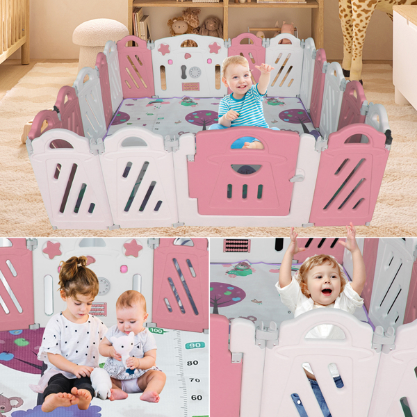 20+2 Panel Baby Playpen, Foldable Playard for Baby and Kids, Adjustable Shape Play Fence with Safety Lock Gate (Pink+White,20+2 Panel)