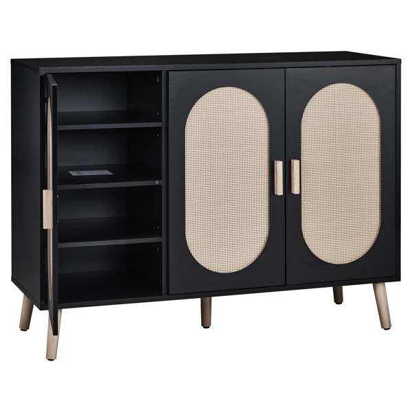 FCH 3-door vertical shoe cabinet particle board + plastic rattan black frame + original wood rattan surface + gold high feet