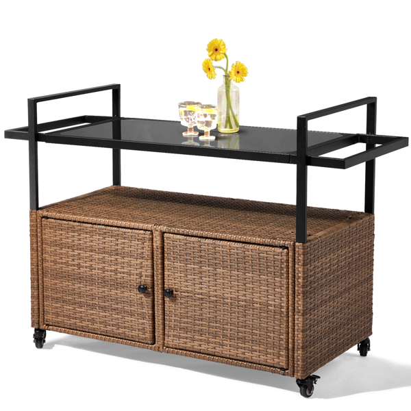 Outdoor Bar Cart Table, Large Wicker Island Rolling Cart, Wheeled Buffet Serving Cart with Glass Top & Storage Cabinet & Handles for Porch Backyard Garden Poolside, Light Brown