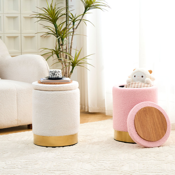 Teddy Velvet Storage Ottoman Multipurpose Footrest Stool with Metal Base Modern Round Vanity Stool Chair Ottoman Foot Stools Support 300lbs Padded Seat for Living Room & Bedroom Pink