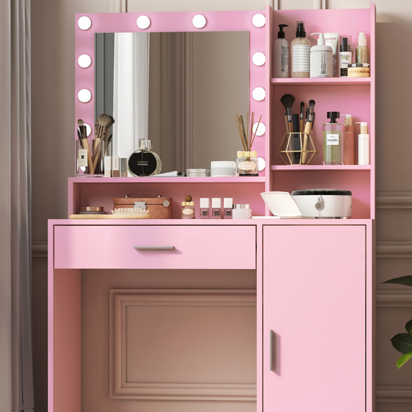 Vanity Desk with Mirror & Light, Large Drawer Three Level Storage Dresser, 3 Lighting Modes Adjustable Brightness, Bedroom Dressing Table(Pink)