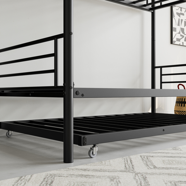 Twin Bunk Bed with Trundle Metal Bunkbeds with Ladder and Full-Length Guardrail, Noise Free, No Box Spring Needed, Black