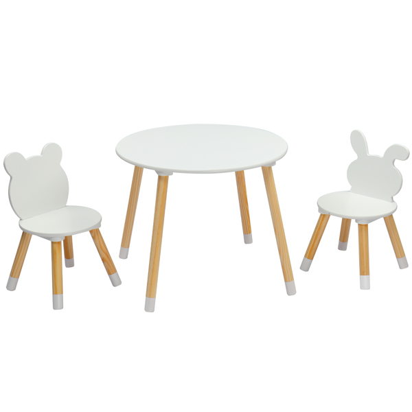 Kids Wood Table and Chairs Set, Toddler Play Table with 2 Chairs, 3 Pieces Children Multi-Activity Round Table for Play Art Craft Reading Learing Eating, White