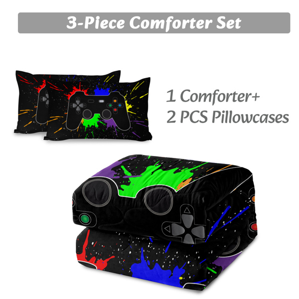 Black Video Game Comforter for Girls Boys Red Blue Green Purple Yellow Ink Game Controller Bedding Boy Bedroom Living Bed Decor (1 Comforter 2 Pillow Shams) Twin Size