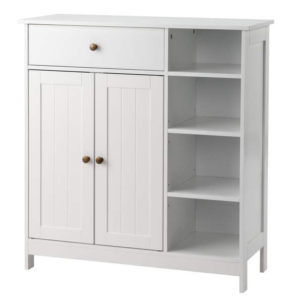 Double-Door Bathroom Cabinet with 2, Adjustable Panels, 1 Drawer and 3 Side Shelves, White 