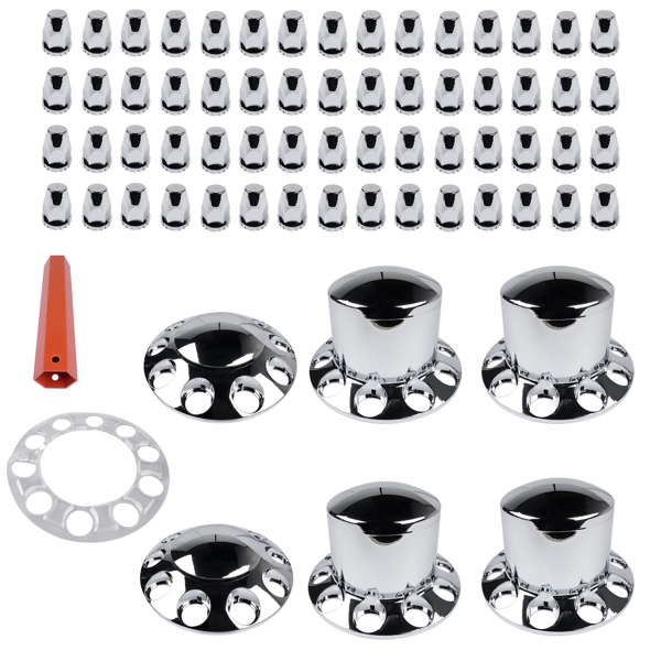 Chrome Hub Caps Kit Front & Rear w/33mm Lug Nut for Semi Truck Wheel Axle Covers