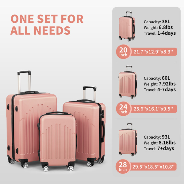 Luggage Set of 3, ABS+PC Hardside Suitcase Sets with TSA Lock 4 Spinner Wheels, Lightweight Trolley Travel Case for Carry On Check-in Business Trip, 20" 24" 28"