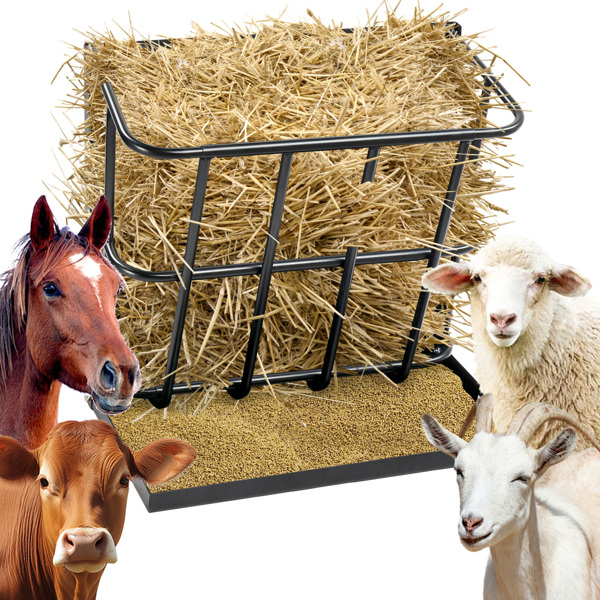 Large Capacity Hay Feeder with Detachable Grain Tray, Heavy Duty Steel 2 in 1 Hay Rack, Multiple Sided Goat Feeding Rack for Sheep Farm Livestock Indoor Outdoor, Black