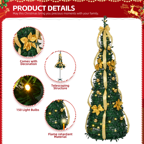 7 FT Fully Decorated Pre-lit Christmas Tree, Pop Up Artificial Xmas Tree with 100 Warm Lights Battery Operated and Golden & Silver Ornaments for Home Office Store Holiday Deco