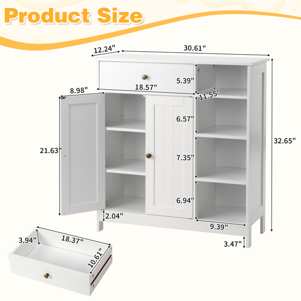 Double-Door Bathroom Cabinet with 2, Adjustable Panels, 1 Drawer and 3 Side Shelves, White 