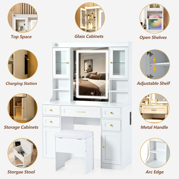 41.4" Makeup Vanity Desk with Mirror and Lights, Makeup Table with 5 Drawers and 4 Cabinets, Dressing Table with Charging Station and Cushioned Storage Stool for Bedroom, White