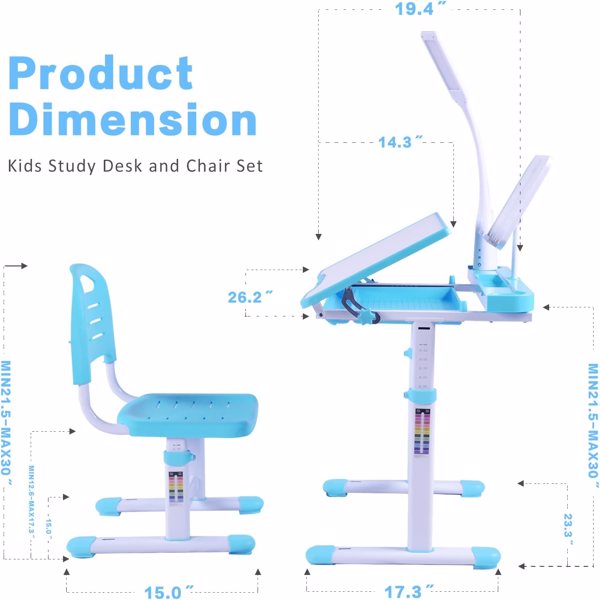 Desk for Kids Desk and Chair Set Kids Art Desk Drafting Table Desk Set with Adjustable Height, 40-Degree Tiltable Children Desktop, LED Light,Bookstand,Blue