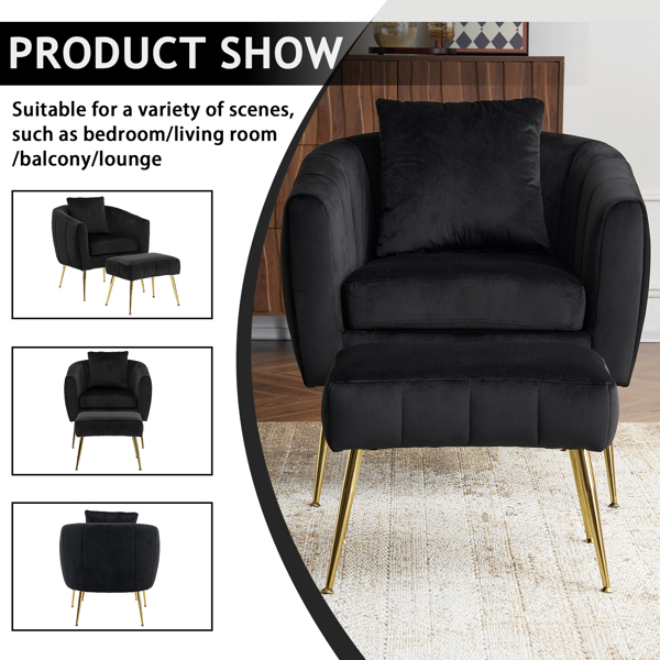 Velvet Accent Chair Set Barrel Chair with Ottoman Modern Club Chair Reading Armchair with Lumbar Pillow for Living Room, Bedroom, Study Room, Home Office Black