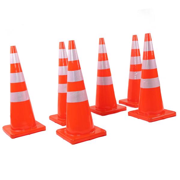 6Pcs Traffic Cones Weather Resistant Reflective Square Base Road Cones for Parking Lot Camping Red 36in / 91.44cm Without Handle