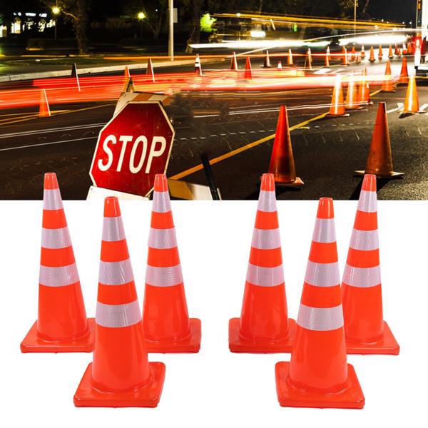 6Pcs Traffic Cones Weather Resistant Reflective Square Base Road Cones for Parking Lot Camping Red 36in / 91.44cm Without Handle