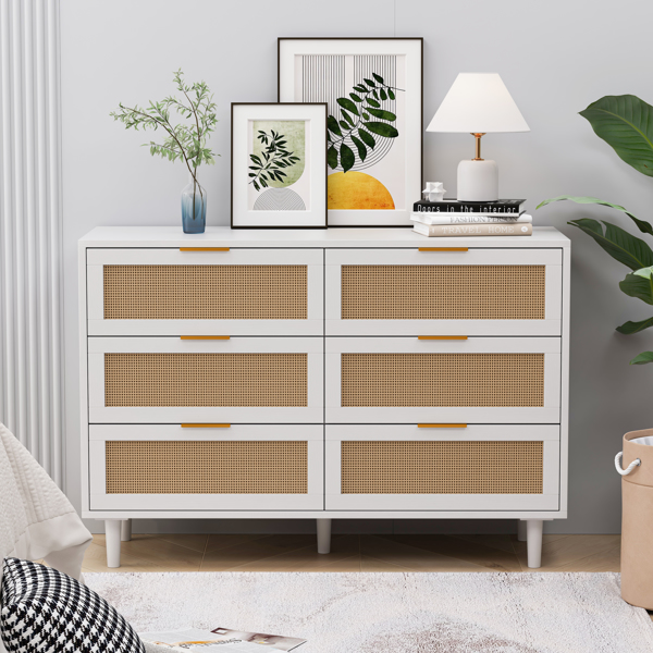 43.31"6-Drawers Rattan Storage Cabinet Rattan Drawer,for Bedroom,Living Room,White