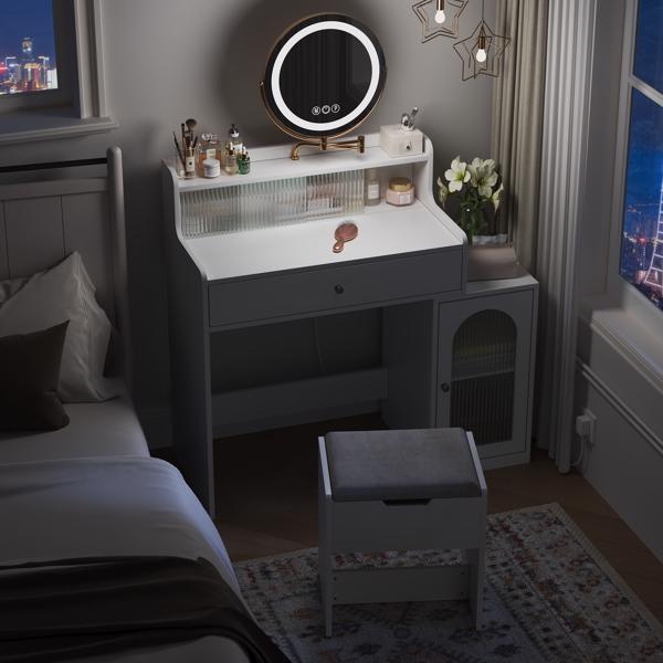 White Vanity Desk with 360° Rotated Mirror and Adjustable Lights, Girls Makeup Vanity Table with Storage Chair and Side Cabinet with Waveform Glass Doors, Dressing Table with Drawer for Bedroom