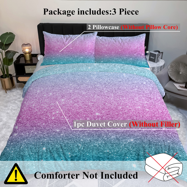 Colorful Glitter Bedding Girly Turquoise Blue Pink and Purple Pastel Colors Duvet Cover 3 Piece Trendy Bed Spreads Queen Size Comforter Cover Sets for Girls