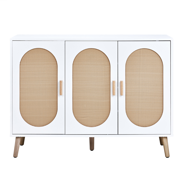 FCH 3-door vertical shoe cabinet particle board + plastic rattan white frame + original wood rattan surface + gold high feet