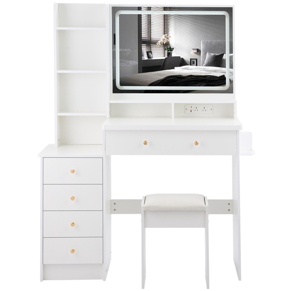 41" Large Size Left Bedside Cabinet Vanity Table+Cushioned Stool Dresser Set, 2 AC+2 USB Power Station, Hair Dryer Stand, Extra Large Touch Control LED Mirror, 3-color Switch, EPA, GCC, UL Certificate