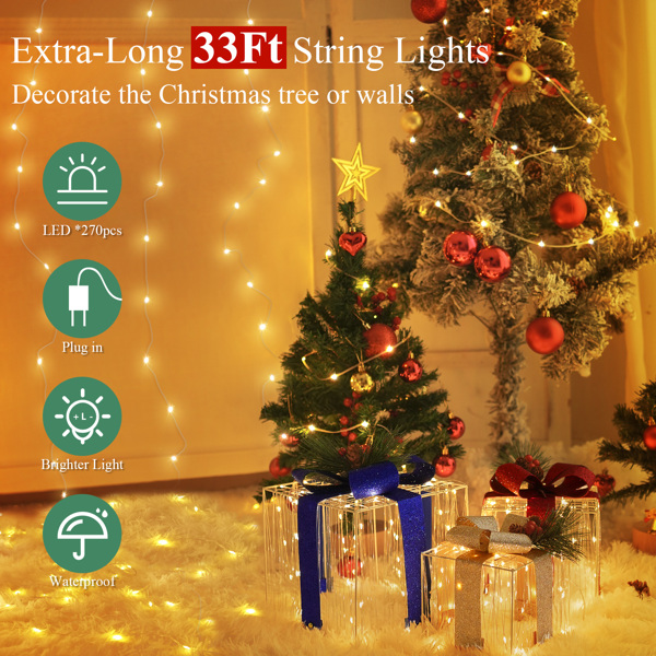 330 LED Christmas Lighted Gift Boxes with 33Ft String Light, Light up Christmas Decoration Indoor Outdoor, Holiday Decor Xmas Ornament for Tree Skirt Yard Home Porch, Pre-lit Present Boxes Set of 3