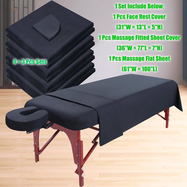 3 Piece Massage Table Sheets Set 4 Sets Microfiber Massage Bed Cover Soft Waterproof and Oil Proof Reusable for SPA Beauty Tattoos Includes Table Cover,Fitted Sheet and Face Rest Cover