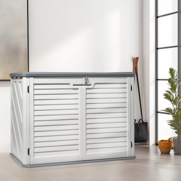  Outdoor Storage Shed, 34 Cu Ft Horizontal Outdoor Storage Cabinet, Lockable Outdoor Storage Box for Garbage Cans, Lawn Mower and Tools, Grey & White