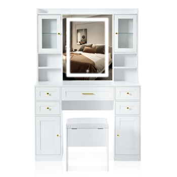 41.4\\" Makeup Vanity Desk with Mirror and Lights, Makeup Table with 5 Drawers and 4 Cabinets, Dressing Table with Charging Station and Cushioned Storage Stool for Bedroom, White