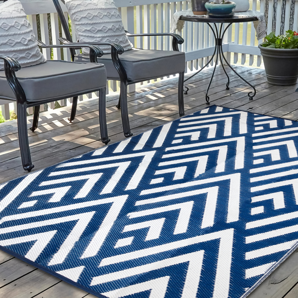 Outdoor Rug for Patio Clearance,Waterproof Mat,Reversible Mats, Plastic Straw Rug, Modern Area Rug for RV, Patio, Backyard, Deck, Picnic, Beach, Trailer, Camping, Blue & White, 5' x 8'